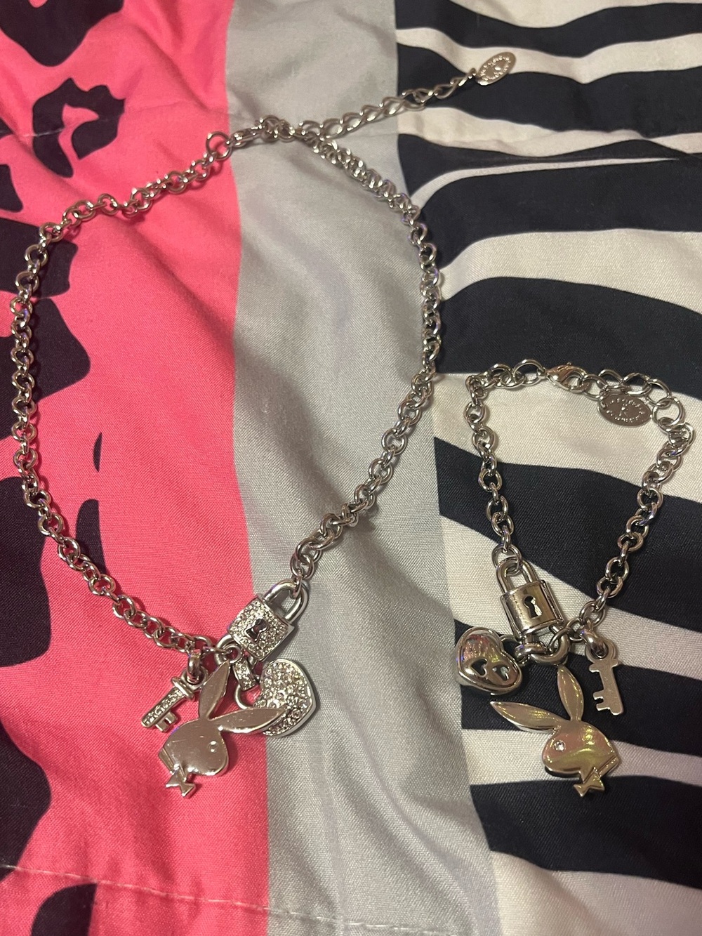 Vintage 2007 Playboy Bunny heart key lock rhinestone necklace and bracelet set